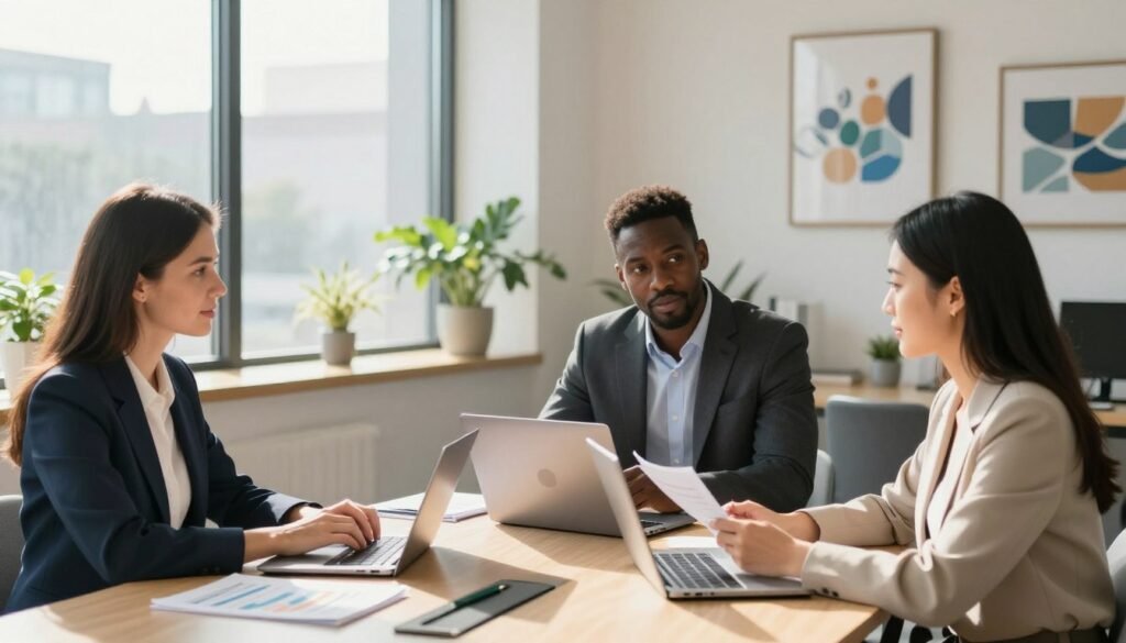 A bright, professional office space designed for healthcare financing consultations. In the foreground, a diverse group of three professionals, including a Caucasian woman in a smart blazer, a Black man in a tailored suit, and an Asian woman in modest business attire, are engaged in a serious discussion around a sleek conference table. They have laptops and documents spread out, displaying graphs and figures related to financing options. In the middle, a large window lets in warm natural light, casting soft shadows that enhance the atmosphere of diligence and professionalism. The background is filled with modern decor, including potted plants and inspirational artwork related to healthcare advancement. The mood is focused and optimistic, reflecting the importance of planning and support in healthcare financing. Include the brand name "Thorne CRE" subtly integrated into the workspace decor.