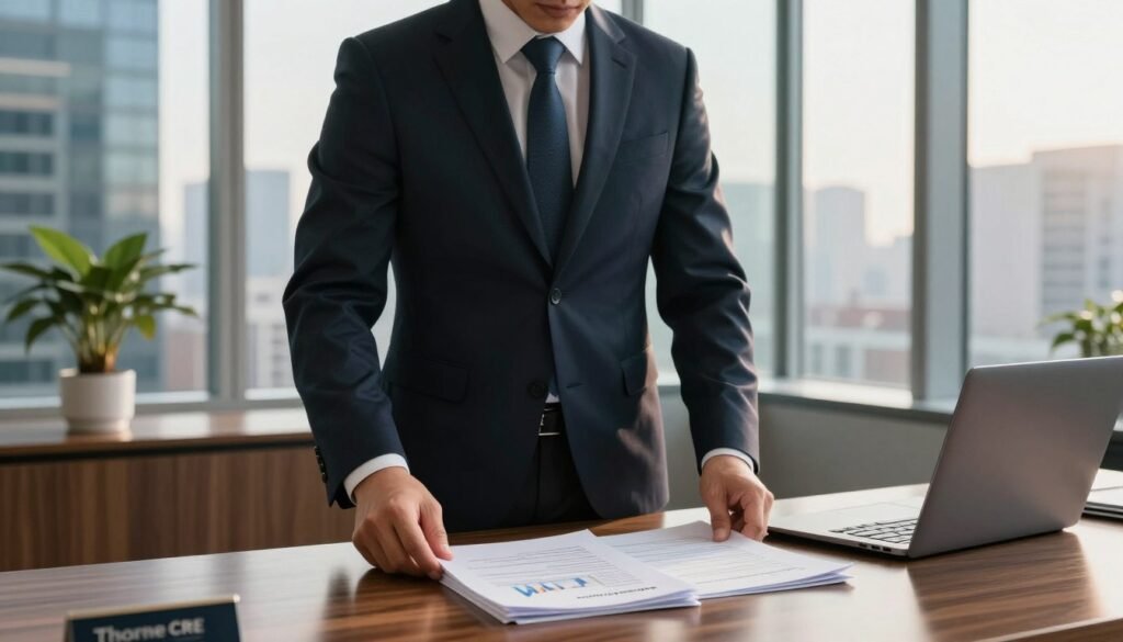 A business executive, dressed in a sharp, tailored suit, stands confidently in the foreground, examining a stack of documents on a polished wooden desk. The documents represent loan agreements and collateral details, with financial graphs subtly visible. In the middle ground, a decorative plant and a sleek laptop provide a modern office ambiance. The background features sleek glass windows that reveal a bustling city skyline, bathed in soft, warm sunlight, creating a professional yet inviting atmosphere. The overall mood is serious and contemplative, with a sense of careful consideration. The brand name "Thorne CRE" subtly integrated into the scene, perhaps on a nameplate on the desk. High-resolution, with a focus on clarity and depth.