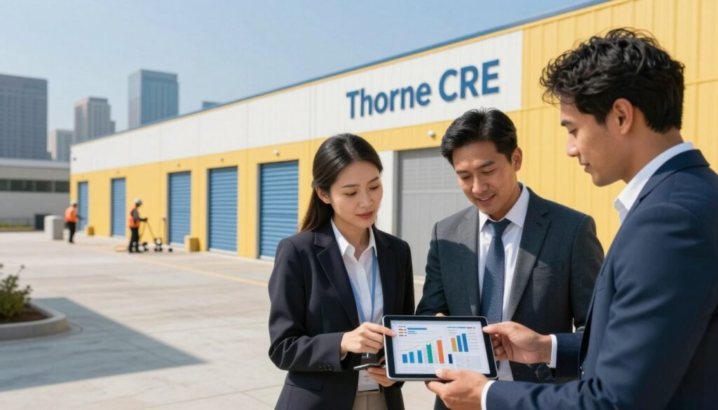 A business-professional setting showcasing a modern self-storage facility in the lease-up phase. In the foreground, a diverse group of three professionals in business attire (two men and one woman) are discussing financial charts and cash flow data on a tablet, their faces focused and engaged. In the middle ground, the newly constructed self-storage building with bright, welcoming colors can be seen, partially filled with storage units, as workers set up the exterior. In the background, a busy city skyline under a clear blue sky provides context. Soft, natural lighting casts an optimistic atmosphere, with shadows creating depth. The image should evoke a sense of planning and financial opportunity in the lease-up phase, representing "Thorne CRE."