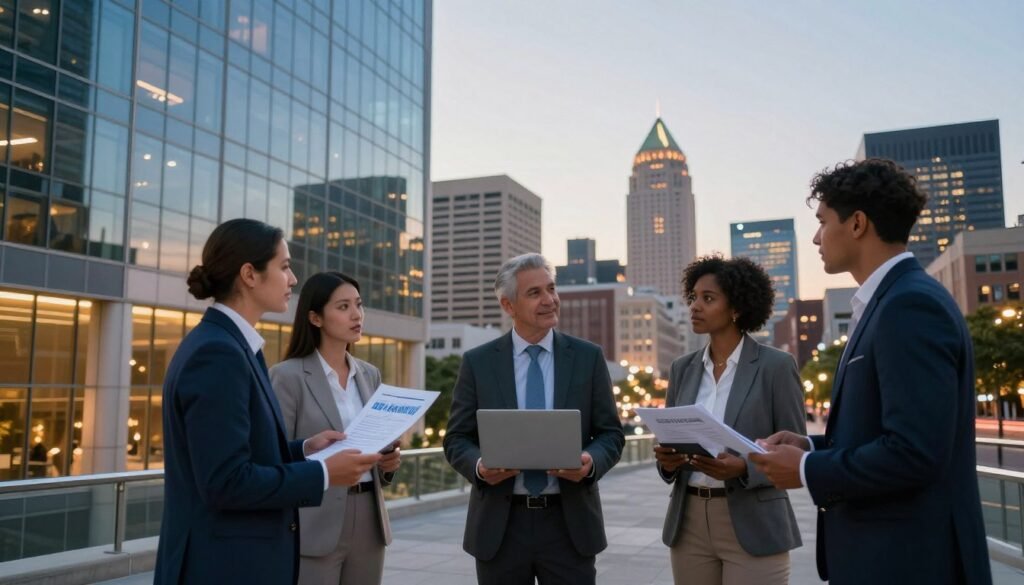 A bustling Kansas cityscape at twilight, showcasing a modern commercial real estate office with sleek glass facades in the foreground. In the middle ground, diverse professionals in business attire are engaged in discussion, holding financial documents and laptops, symbolizing commercial real estate financing options. The background features recognizable Kansas landmarks, illuminated under soft, warm lighting that creates an inviting atmosphere. The angle captures the urban skyline from a low perspective, creating a sense of grandeur. The overall mood emphasizes professionalism, optimism, and strategic growth in the commercial real estate market, with a balanced composition that draws the viewer's eye towards the key elements.