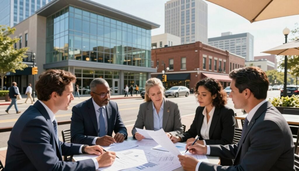 A bustling Louisiana cityscape in the background, featuring modern commercial buildings with large glass facades and classic brick structures, depicting a thriving real estate market. In the foreground, a diverse group of professional investors, dressed in smart business attire, are reviewing blueprints and financial documents at an outdoor café table, symbolizing active discussion and strategy. Bright sunlight casts warm, inviting rays across the scene, adding to an optimistic atmosphere. The middle ground shows a well-maintained street with people walking and cars passing, indicating a vibrant urban environment. The composition is captured with a wide angle lens to emphasize the scale of the buildings while keeping the focus on the engaged investors in sharp detail, highlighting their collaborative spirit.
