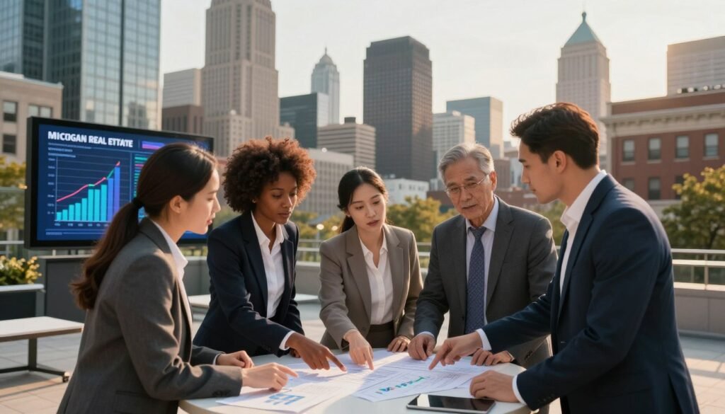 A bustling Michigan cityscape during golden hour serves as the backdrop, showcasing a mix of modern and classic commercial buildings. In the foreground, a diverse group of three professionals, dressed in sharp business attire, engage in a discussion, pointing towards plans and financial documents on a sleek table. Their expressions convey collaboration and determination. In the middle ground, a digital display screen emerges, showcasing graphs and trends in commercial real estate financing, highlighting strategic insights specific to Michigan's market needs. Soft, warm lighting illuminates the scene, casting dynamic shadows that add depth. The atmosphere exudes a sense of professionalism and opportunity, capturing the essence of tailored commercial lending solutions for diverse properties. A wide-angle view captures the harmony between people and their environment, emphasizing growth and innovation in the real estate sector. A bustling Michigan cityscape during golden hour serves as the backdrop, showcasing a mix of modern and classic commercial buildings. In the foreground, a diverse group of three professionals, dressed in sharp business attire, engage in a discussion, pointing towards plans and financial documents on a sleek table. Their expressions convey collaboration and determination. In the middle ground, a digital display screen emerges, showcasing graphs and trends in commercial real estate financing, highlighting strategic insights specific to Michigan's market needs. Soft, warm lighting illuminates the scene, casting dynamic shadows that add depth. The atmosphere exudes a sense of professionalism and opportunity, capturing the essence of tailored commercial lending solutions for diverse properties. A wide-angle view captures the harmony between people and their environment, emphasizing growth and innovation in the real estate sector.