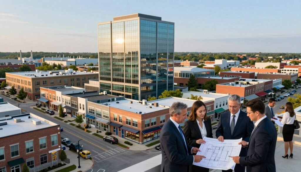 A bustling Michigan commercial property landscape showcasing various building types, including modern office spaces, retail storefronts, and multi-family apartments. In the foreground, a diverse group of business professionals in formal attire examines architectural blueprints while discussing investment strategies. The middle ground features a sleek glass office tower reflecting the afternoon sun, surrounded by contemporary townhouses and vibrant commercial spaces. In the background, distant industrial complexes can be seen against a clear blue sky, illustrating Michigan's diverse real estate market. Soft natural lighting enhances the scene, with warm tones creating a welcoming atmosphere. Capture this dynamic urban environment from a slightly elevated angle to emphasize the variety and opportunities in commercial real estate financing. A bustling Michigan commercial property landscape showcasing various building types, including modern office spaces, retail storefronts, and multi-family apartments. In the foreground, a diverse group of business professionals in formal attire examines architectural blueprints while discussing investment strategies. The middle ground features a sleek glass office tower reflecting the afternoon sun, surrounded by contemporary townhouses and vibrant commercial spaces. In the background, distant industrial complexes can be seen against a clear blue sky, illustrating Michigan's diverse real estate market. Soft natural lighting enhances the scene, with warm tones creating a welcoming atmosphere. Capture this dynamic urban environment from a slightly elevated angle to emphasize the variety and opportunities in commercial real estate financing.