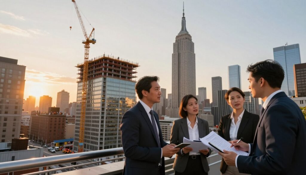 A bustling New York City skyline at sunset, showcasing iconic skyscrapers like the Empire State Building and One World Trade Center. In the foreground, a diverse group of professionals in business attire engage in a discussion, holding blueprints and digital tablets, reflecting collaboration in the commercial real estate sector. The middle ground reveals a modern office building under construction, with cranes and construction workers, symbolizing growth and investment. In the background, warm golden lighting from the setting sun casts a vibrant glow on the buildings, creating a dynamic and optimistic atmosphere. The angle is a slightly elevated perspective, capturing both the energy of the city and the evolving landscape of commercial real estate financing.
