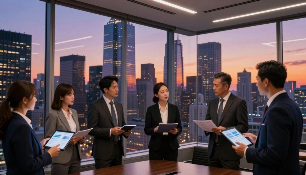 A bustling New York City skyline at twilight, showcasing towering skyscrapers glistening in the orange and purple hues of sunset. In the foreground, a diverse group of professionally dressed businesspeople engaged in a dynamic discussion, holding tablets and charts depicting financial data. The middle ground features a sleek, modern conference room with large windows, overlooking the city. Soft, ambient lighting enhances the professional atmosphere, while reflections on the glass showcase the vibrant city life below. The background reveals additional skyscrapers, symbolizing the thriving capital markets. The overall mood is one of ambition, strategy, and sophistication, capturing the essence of contemporary financing in commercial real estate.