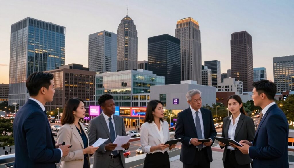 A bustling city skyline at twilight, showcasing a dynamic blend of modern commercial buildings that represent various asset classes in U.S. real estate, with a focus on sleek glass structures and mid-century office spaces. In the foreground, a diverse group of professionals in business attire discuss strategies, holding documents and tablets, symbolizing the active dialogue in the commercial real estate market. The middle ground features a busy street with vehicles, subtle reflections of neon lights from nearby storefronts creating a vibrant atmosphere. The background includes a soft glow from the setting sun, casting warm hues over the skyline. The overall mood is one of optimism and growth, capturing the pivotal moment in commercial real estate under the brand "Thorne CRE." Bright lighting enhances the clarity, shot with a wide-angle lens to convey depth and open frameworks.