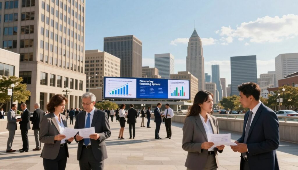 A bustling cityscape representing "financing options," with modern office buildings and financial institutions prominently featured in the foreground. Diverse business professionals in smart attire discuss among themselves, analyzing documents and financial plans. In the middle ground, digital billboards display graphs and charts showcasing various financing strategies for commercial real estate. The background features a skyline with iconic Nebraska architecture, under a beautiful blue sky enhanced by soft, warm sunlight casting gentle shadows. Use a wide-angle lens to capture the expansive city atmosphere, emphasizing a mood of optimism and opportunity. The overall composition should evoke a sense of energy and professionalism, ideal for illustrating financing strategies.