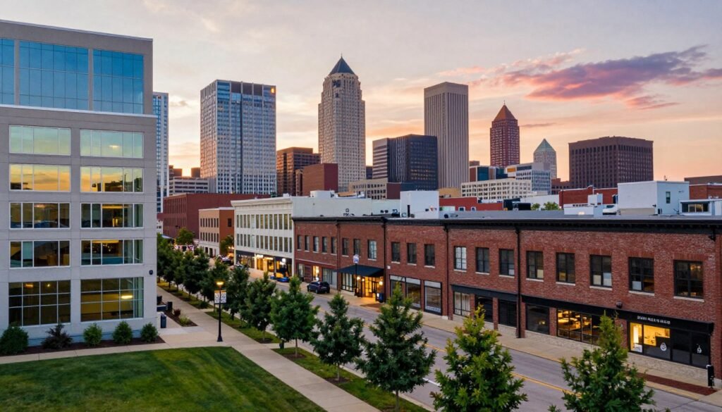 A bustling commercial district in Indiana, featuring a mix of contemporary and classic buildings, showcasing a variety of architectural styles, including glass skyscrapers, brick warehouses, and renovated historical structures. In the foreground, a well-manicured sidewalk lined with trees leads to a modern office building with large windows reflecting the sky. The middle ground highlights diverse commercial properties, such as mixed-use buildings and retail spaces with inviting storefronts. In the background, the Indiana skyline rises under a vibrant sunset, casting warm hues across the scene. Use soft, natural lighting to create a welcoming atmosphere, with a slight upward angle to emphasize the grandeur of the buildings. The image should evoke a sense of opportunity and growth in commercial real estate. A bustling commercial district in Indiana, featuring a mix of contemporary and classic buildings, showcasing a variety of architectural styles, including glass skyscrapers, brick warehouses, and renovated historical structures. In the foreground, a well-manicured sidewalk lined with trees leads to a modern office building with large windows reflecting the sky. The middle ground highlights diverse commercial properties, such as mixed-use buildings and retail spaces with inviting storefronts. In the background, the Indiana skyline rises under a vibrant sunset, casting warm hues across the scene. Use soft, natural lighting to create a welcoming atmosphere, with a slight upward angle to emphasize the grandeur of the buildings. The image should evoke a sense of opportunity and growth in commercial real estate.
