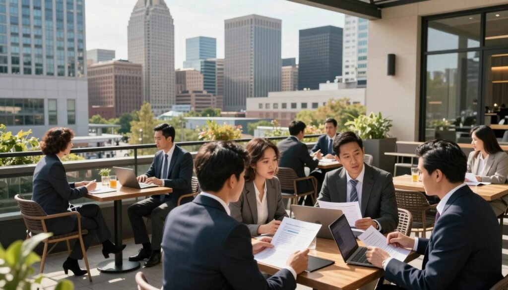 A bustling commercial lending landscape in Minnesota, showcasing a modern metropolitan skyline in the background, featuring sleek skyscrapers and innovative architectural designs. The foreground includes a diverse group of professionals in business attire engaged in discussions, examining financial documents, and using laptops. The middle ground displays a stylish café with outdoor seating where business meetings are taking place; the atmosphere is lively yet focused. Natural light illuminates the scene, casting soft shadows, with an emphasis on warm tones to convey a sense of opportunity and collaboration. Capture this image from a slightly elevated angle, highlighting the dynamic interactions and the vibrant environment of commercial real estate financing in today's market.