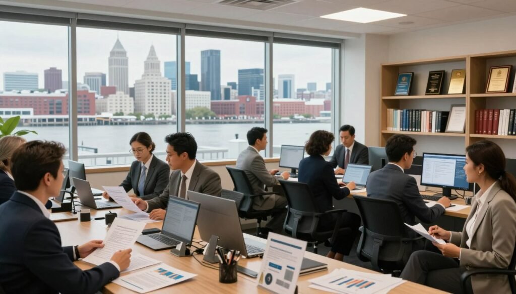 A bustling commercial lending office space set in Rhode Island, showcasing a modern and professional environment. In the foreground, a diverse group of business professionals—both men and women—dressed in business attire, engaged in discussions over loan documents and financial charts. In the middle, large windows reveal a view of Rhode Island’s skyline with notable architectural features, reflecting the vibrant commercial real estate market. The background features shelves lined with financial books and awards, accentuating a sense of success. The lighting is bright and inviting, casting a warm glow over the scene. Use a wide-angle lens to capture the depth of the office space, creating an atmosphere of optimism and opportunity in today’s lending landscape.