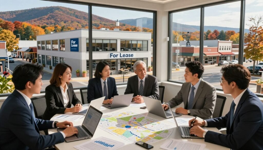 A bustling commercial real estate market scene in New Hampshire, showcasing diverse market dynamics. In the foreground, professionals in business attire engage in discussions, analyzing charts and maps on a sleek conference table adorned with paperwork and laptops. The middle ground features a modern, well-lit office building with a "For Lease" sign, and a variety of local businesses, from quaint shops to contemporary cafes, indicating economic activity. In the background, the picturesque New Hampshire landscape with rolling hills and vibrant autumn foliage creates a warm atmosphere. Soft afternoon sunlight streams through large windows, casting dynamic shadows while creating a balanced and inviting environment. The image should embody a sense of collaboration, strategic planning, and vibrant economic growth, capturing the essence of New Hampshire's commercial real estate market.