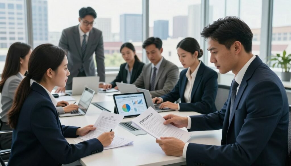 A bustling commercial real estate office in Georgia, showcasing a diverse group of professionals in smart business attire engaged in a fast-paced discussion. In the foreground, a focused male broker examines a stack of loan documents, his face illuminated by soft, natural light coming from a large window. In the middle, a diverse team collaborates around a sleek conference table, with a tablet displaying charts and graphs related to loan approvals. The background features a panoramic view of Georgia’s urban skyline, hinting at opportunity and growth. The atmosphere is dynamic and energetic, with a sense of urgency to close deals efficiently. The scene is captured from a slightly elevated angle, creating an immersive perspective. A bustling commercial real estate office in Georgia, showcasing a diverse group of professionals in smart business attire engaged in a fast-paced discussion. In the foreground, a focused male broker examines a stack of loan documents, his face illuminated by soft, natural light coming from a large window. In the middle, a diverse team collaborates around a sleek conference table, with a tablet displaying charts and graphs related to loan approvals. The background features a panoramic view of Georgia’s urban skyline, hinting at opportunity and growth. The atmosphere is dynamic and energetic, with a sense of urgency to close deals efficiently. The scene is captured from a slightly elevated angle, creating an immersive perspective.