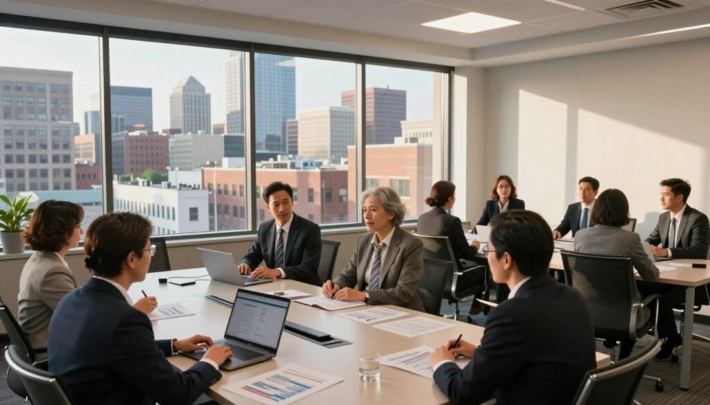 A bustling commercial real estate office in Iowa, showcasing a modern workspace filled with professional business attire-clad individuals engaged in discussions. In the foreground, a sleek conference table with a laptop and financial documents sprawled across it. In the middle ground, large windows provide a panoramic view of an urban skyline and diverse commercial properties reflecting daily life. The background features tall, contemporary buildings, symbolizing a thriving real estate market. Natural lighting floods the room, casting warm hues and creating an inviting atmosphere. A wide-angle lens captures the dynamic environment, emphasizing collaboration and strategic planning in commercial real estate financing.