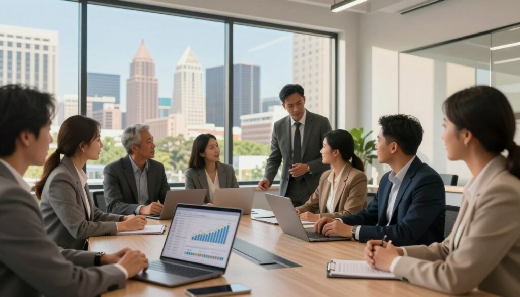 A bustling commercial real estate office in Texas, featuring a diverse group of professionals in sharp business attire engaged in discussions around a large conference table. In the foreground, a laptop displays financial graphs and property listings. The middle ground includes a sleek, modern office space with floor-to-ceiling windows showing a bustling cityscape, with iconic Texas architecture visible. The background features clear blue skies and greenery outside, illuminating the interior with warm, natural light. The scene captures a dynamic, collaborative atmosphere conducive to strategic financial planning. Utilize a soft focus lens for a professional feel, emphasizing warmth and optimism within the contemporary corporate workspace.
