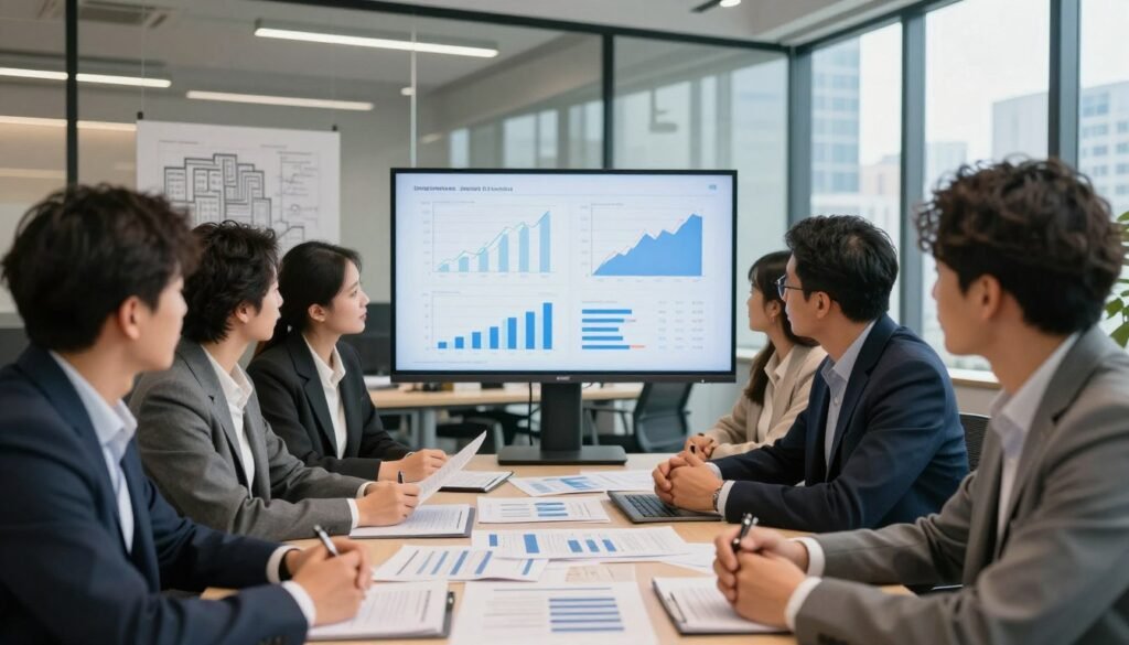 A bustling commercial real estate office interior filled with professionals in business attire discussing financing strategies. Foreground features a diverse group of individuals engaged in a collaborative discussion around a table, with documents outlining leverage and LTV guidelines spread out before them. In the middle, a large screen displays eye-catching graphs illustrating various financial metrics and down payment calculations. Background shows a modern office space with glass walls, framed blueprints of buildings, and a bustling cityscape through the windows, providing a sense of location and professionalism. Warm, natural lighting pours in from the windows, creating an inviting atmosphere that encourages teamwork and focus. The image conveys a mood of strategic planning and cooperation in a business environment.