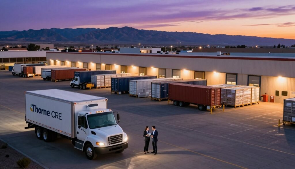 A bustling logistics hub in Las Cruces, New Mexico, showcasing a modern distribution center at dusk. In the foreground, a sleek delivery truck is parked, with a logistics professional in a business suit checking a tablet, reflecting a sense of efficiency and innovation. The middle ground features rows of neatly arranged shipping containers and loading docks bustling with activity, highlighted by warm, soft lighting that casts long shadows. The background showcases the striking New Mexico landscape with distant mountains under a twilight sky filled with subtle hues of purple and orange. The atmosphere is dynamic but professional, emphasizing the importance of logistics in commercial real estate. Incorporate the brand name "Thorne CRE" subtly on the delivery truck, ensuring it complements the overall theme without overpowering the scene.