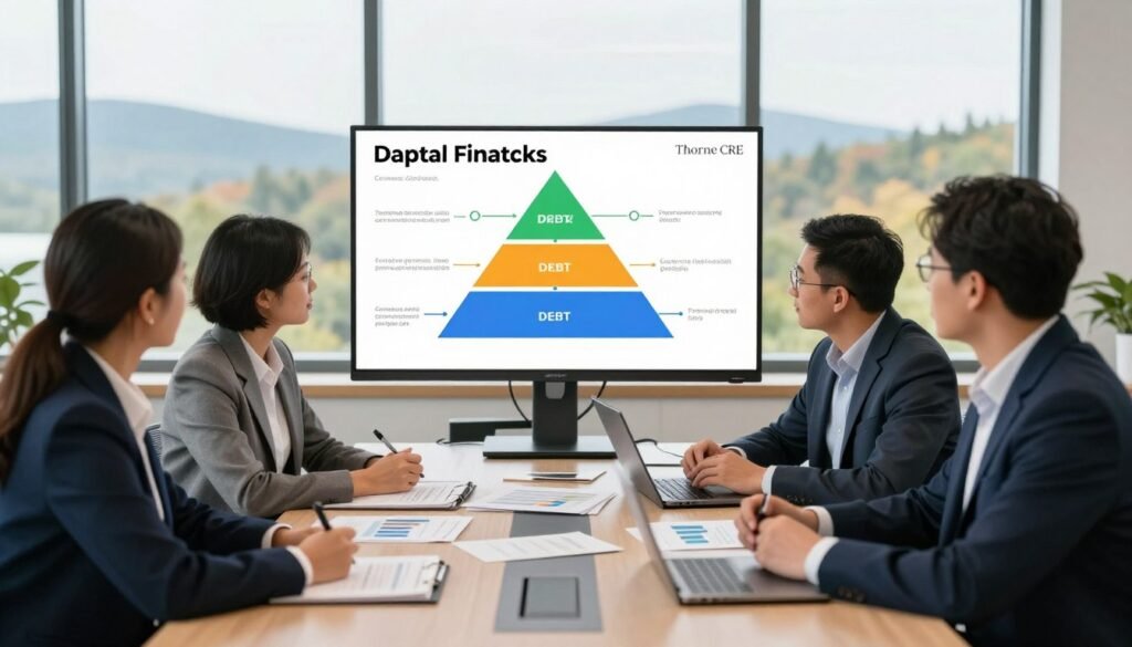 A bustling office environment showcasing a team of professionals engaged in strategic discussions about structuring debt financing for commercial projects in Vermont. In the foreground, a diverse group of three business people, dressed in professional attire, are gathered around a conference table filled with financial documents and charts. The middle ground features a large monitor displaying a detailed capital stack diagram, illustrating various layers of debt and equity financing. The background includes large windows with a view of Vermont's scenic landscape, providing natural light that enhances the productive atmosphere. The lighting is bright yet soft, creating a focused yet inviting mood, captured with a wide-angle lens to emphasize collaboration and planning. The brand name "Thorne CRE" is subtly integrated into the scene.