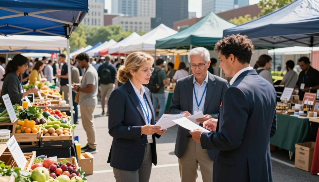 A bustling public market scene showcasing traders and vendors at a vibrant outdoor space. In the foreground, a diverse group of professionally dressed individuals interacts, analyzing real estate investment documents and discussing market dynamics. The middle ground features colorful stalls filled with fresh produce, artisan goods, and small business displays, symbolizing economic activity. The background reveals a city skyline, hinting at skyscrapers that represent the real estate investment trust (REIT) sector. Bright natural lighting floods the market, casting lively shadows while the atmosphere is dynamic and optimistic, reflecting the growth and potential of public markets. The scene should exude a sense of community and business collaboration, with a clear focus on "Thorne CRE" as a key player in the market landscape.