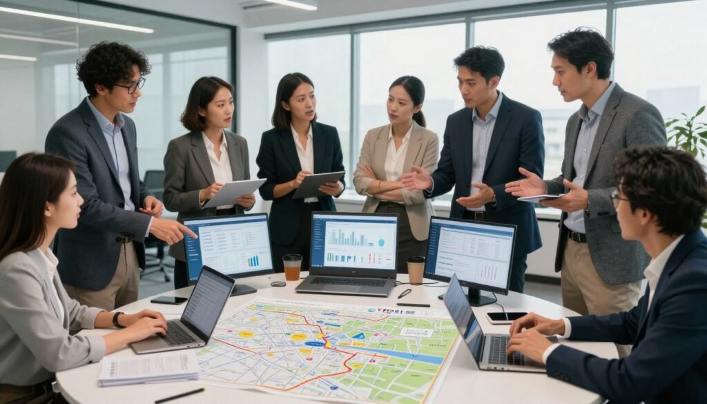 A bustling real estate office environment showcasing a collaborative team of diverse professionals in smart business attire, intently discussing and strategizing a commercial real estate transaction. In the foreground, a large, round table is laden with detailed maps, blueprints, and digital devices displaying data and analytics. The middle layer features team members, including a mix of men and women, engaged in animated dialogue, pointing at screens and documents, reflecting effective communication. The background displays a modern office space with large windows allowing ample natural light to flood the room, enhancing the focused atmosphere. The mood is dynamic, reflecting urgency and clarity, emblematic of "Thorne CRE" as they streamline processes and align all parties for successful transactions.