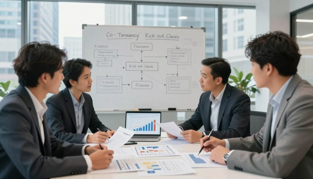 A bustling retail property financing meeting in a modern office space, with finance professionals discussing challenges related to co-tenancy and kick-out clauses. In the foreground, a diverse group of three professionals in business attire—two men and one woman—are intently reviewing documents and charts on a large conference table, showcasing financial graphs and retail layouts. The middle ground features a large whiteboard filled with notes and flowcharts depicting financing structures. In the background, a panoramic window reveals a vibrant cityscape, hinting at the retail environment outside. Soft, natural lighting floods the room, creating a professional yet collaborative atmosphere. The brand name "Thorne CRE" subtly integrated into a presentation slide on the table. The image evokes a sense of urgency and strategic planning in retail financing.