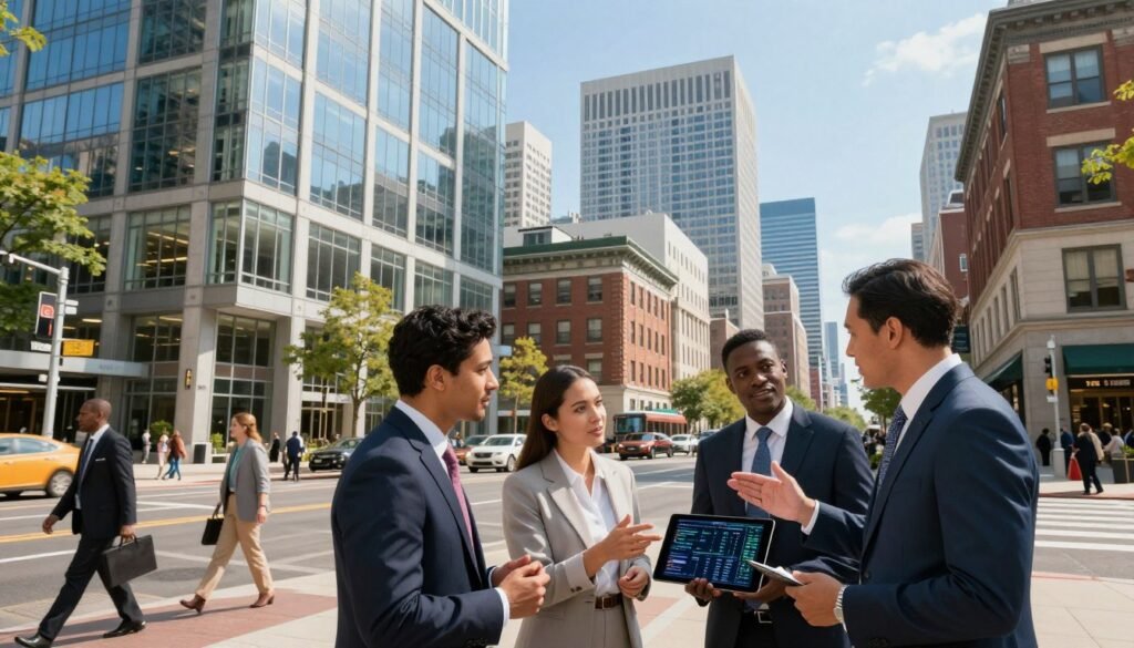 A bustling urban landscape of Connecticut, showcasing a modern financial district with sleek glass buildings and vibrant street life. In the foreground, a diverse group of professionals in business attire discusses financing strategies, gesturing towards a digital financial chart displayed on a tablet. The middle ground features a mix of traditional and contemporary architecture symbolizing the blend of old and new in the market. The background highlights the Connecticut skyline under a clear blue sky, with warm, natural lighting creating an optimistic atmosphere. The image emphasizes innovation and collaboration in capital stack strategies and lending, with the brand name "Thorne CRE" subtly incorporated into a building facade or a digital display, reinforcing connections to commercial real estate financing. A bustling urban landscape of Connecticut, showcasing a modern financial district with sleek glass buildings and vibrant street life. In the foreground, a diverse group of professionals in business attire discusses financing strategies, gesturing towards a digital financial chart displayed on a tablet. The middle ground features a mix of traditional and contemporary architecture symbolizing the blend of old and new in the market. The background highlights the Connecticut skyline under a clear blue sky, with warm, natural lighting creating an optimistic atmosphere. The image emphasizes innovation and collaboration in capital stack strategies and lending, with the brand name "Thorne CRE" subtly incorporated into a building facade or a digital display, reinforcing connections to commercial real estate financing.