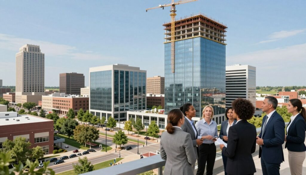 A bustling urban landscape of Nebraska showcasing modern commercial real estate. In the foreground, a diverse group of professionals in business attire are engaged in a discussion, pointing towards a high-rise building under construction. In the middle, sleek office buildings with glass facades reflect the clear blue sky, surrounded by trees and green spaces, emphasizing a thriving business environment. The background features the skyline of a Nebraska city, with a hint of agricultural land visible in the distance, symbolizing growth and opportunity. Soft natural lighting enhances the scene, capturing the essence of a dynamic market. The atmosphere is one of optimism and potential, inspiring confidence in commercial real estate financing solutions.