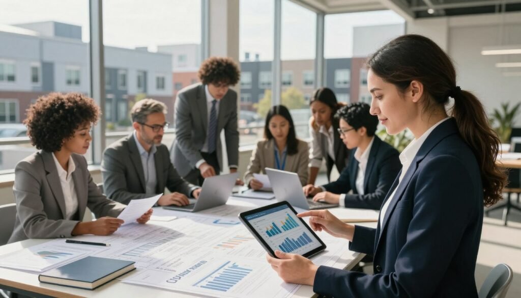 A bustling urban landscape representing capital investment funding focused on Ohio’s industrial and multifamily markets. In the foreground, a confident businesswoman in professional attire is analyzing financial charts on a digital tablet, showcasing the strategy aspect of capital stacks. The middle ground features a diverse group of professionals collaborating around a large table filled with blueprints and financial documents, conveying teamwork and innovation. The background shows modern industrial buildings and multifamily apartments, symbolizing the markets discussed. Soft, natural lighting casts a warm glow, suggesting optimism and growth. A clear focus through a wide-angle lens reveals depth and detail in the scene. The brand name "Thorne CRE" is subtly incorporated into the workspace designs, reinforcing the theme of investment strategy.