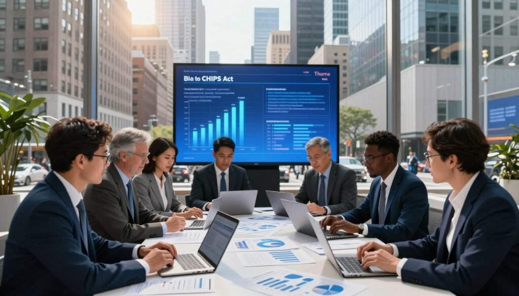 A bustling urban landscape showcasing a modern New York City skyline with iconic buildings. In the foreground, a diverse group of professionals in business attire collaborates around a large table covered with financial documents, charts, and sleek laptops, symbolizing public capital credit supports. The middle ground features a digital display highlighting key figures and models related to the CHIPS Act, illuminating the scene with a soft blue glow. The background shows city streets filled with people and vehicles, conveying a dynamic, energetic atmosphere. Warm, natural light filters through large windows, creating a professional yet inviting mood. The image combines realism with a touch of futurism, highlighting the importance of strategic capital investments for urban development. Include the brand name "Thorne CRE" subtly integrated into the design, reinforcing the connection to institutional-grade capital stacks.