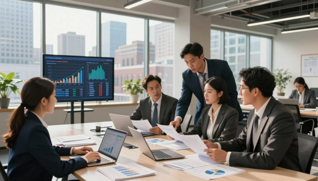 A bustling urban office space in Ohio representing various capital sources for commercial real estate financing. In the foreground, a diverse group of four business professionals in professional attire discussing financial documents and charts, exuding collaboration and focus. The middle ground features a sleek conference table with laptops, financial reports, and a digital display showcasing graphs and investment options. In the background, large windows reveal a city skyline, bathed in natural light, reflecting a bright morning atmosphere. The scene is vibrant and dynamic, capturing the essence of strategic financial discussions in real estate. Use a wide-angle perspective to emphasize the space and activity, keeping the lighting warm and inviting for a professional yet approachable ambiance.