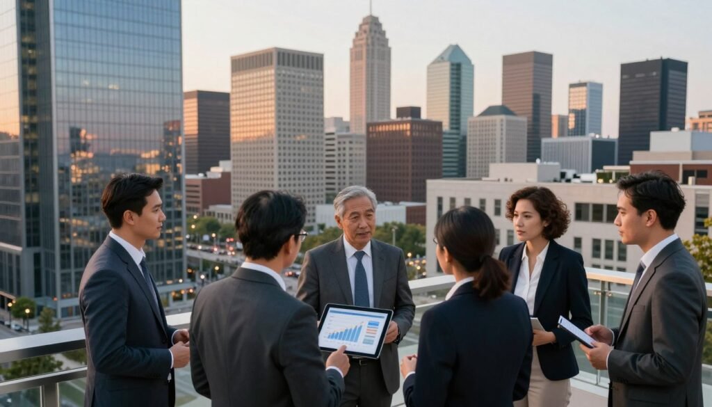 A bustling urban scene capturing the essence of commercial real estate financing in Michigan. In the foreground, a diverse group of professionals in business attire—investors and developers—are engaging in discussions over a digital tablet showing graphs and charts of trends in commercial real estate rates. The middle ground features modern skyscrapers and newly developed office buildings, emphasizing growth and investment opportunities. In the background, the iconic skyline of a Michigan city is bathed in soft, warm evening light, casting an inviting glow. The overall mood is optimistic and strategic, reflecting a focus on advancement and planning in a dynamic market. The image should be wide and panoramic, captured from a slightly elevated angle to include both the professionals and the architectural elements. A bustling urban scene capturing the essence of commercial real estate financing in Michigan. In the foreground, a diverse group of professionals in business attire—investors and developers—are engaging in discussions over a digital tablet showing graphs and charts of trends in commercial real estate rates. The middle ground features modern skyscrapers and newly developed office buildings, emphasizing growth and investment opportunities. In the background, the iconic skyline of a Michigan city is bathed in soft, warm evening light, casting an inviting glow. The overall mood is optimistic and strategic, reflecting a focus on advancement and planning in a dynamic market. The image should be wide and panoramic, captured from a slightly elevated angle to include both the professionals and the architectural elements.