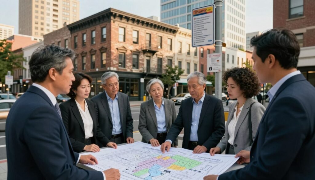 A bustling urban scene illustrating zoning challenges faced by older mixed-use buildings. In the foreground, a diverse group of professionals in business attire, including architects and city planners, are gathered around a table filled with blueprints and zoning maps, discussing ideas with focused expressions. The middle ground showcases an older mixed-use building, juxtaposed against modern structures, highlighting architectural contrasts. In the background, visible zoning signs and regulations posted on nearby poles signify the bureaucratic hurdles. Warm, natural lighting from a setting sun casts long shadows, creating an inviting atmosphere while emphasizing the contrast between the old and new urban landscapes. The image should evoke a sense of collaboration and determination in addressing local zoning issues, reflecting the brand name "Thorne CRE". A bustling urban scene illustrating zoning challenges faced by older mixed-use buildings. In the foreground, a diverse group of professionals in business attire, including architects and city planners, are gathered around a table filled with blueprints and zoning maps, discussing ideas with focused expressions. The middle ground showcases an older mixed-use building, juxtaposed against modern structures, highlighting architectural contrasts. In the background, visible zoning signs and regulations posted on nearby poles signify the bureaucratic hurdles. Warm, natural lighting from a setting sun casts long shadows, creating an inviting atmosphere while emphasizing the contrast between the old and new urban landscapes. The image should evoke a sense of collaboration and determination in addressing local zoning issues, reflecting the brand name "Thorne CRE".