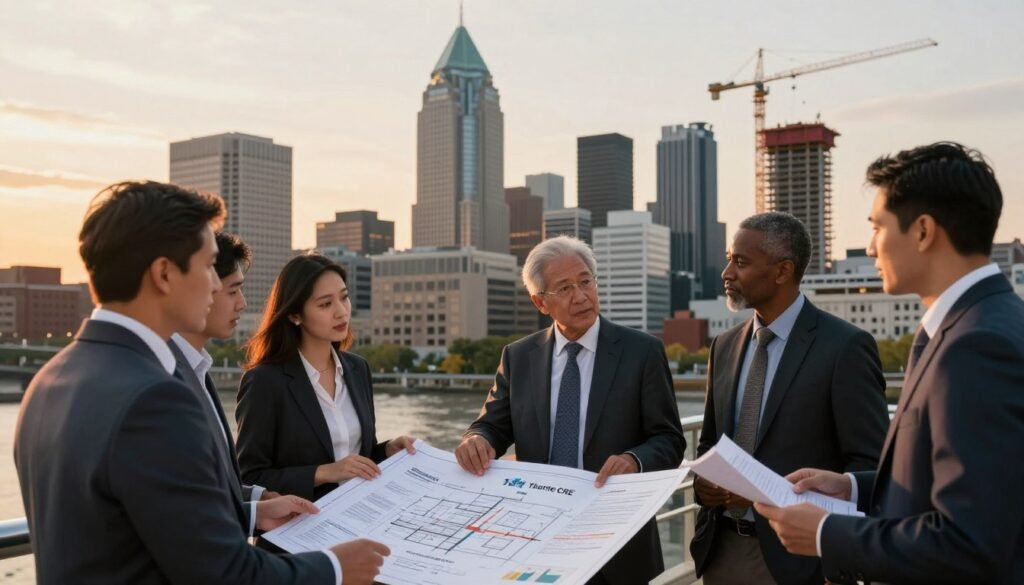 A bustling urban scene in Pennsylvania showcasing the commercial real estate landscape. In the foreground, a diverse group of professionals in business attire, engaged in a discussion over architectural blueprints and financial documents, representing the capital stack strategy. The middle ground features modern Philadelphia and Pittsburgh skyscrapers, symbolizing growth and investment opportunities, with construction cranes actively working. In the background, the skyline is bathed in the warm glow of sunset, casting a golden hue over the buildings. Soft, diffused lighting enhances the atmosphere of collaboration and potential. Include elements like charts and graphs subtly integrated into the scene, highlighting a focus on capital strategies. The image should reflect the brand identity of "Thorne CRE".