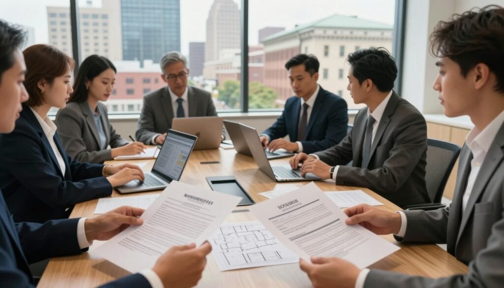 A busy commercial real estate office in Mississippi, showcasing a diverse group of professional individuals in business attire engaged in discussions over property financing strategies. In the foreground, close-up of hands exchanging documents, highlighting loan agreements and property blueprints. In the middle, a large conference table surrounded by professionals analyzing market trends on laptops, illuminated by soft, natural light coming from the large windows, casting a warm glow on the scene. The background reveals a city skyline with modern and historic buildings, symbolizing the blend of tradition and progress in Mississippi's real estate market. The mood is focused and collaborative, emphasizing strategic thinking and investment opportunities.