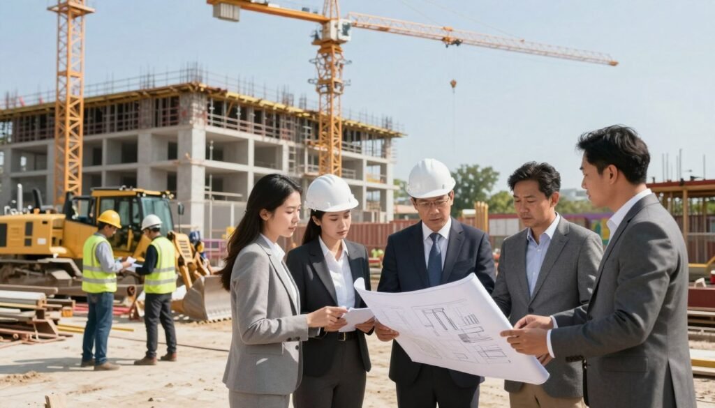 A busy construction site showcasing a commercial building project in its early stages. In the foreground, a group of diverse professionals—architects and financial advisors—discuss blueprints and financing plans, dressed in professional business attire. The middle ground features heavy machinery like cranes and bulldozers, with workers in hard hats actively engaging in construction tasks. In the background, scaffolding surrounds the rising structure against a clear blue sky, symbolizing growth and opportunity. Soft, natural lighting illuminates the scene, creating a hopeful atmosphere. The camera angle is slightly elevated, providing a comprehensive view of the site’s dynamic environment, emphasizing teamwork and strategic planning in commercial construction financing.