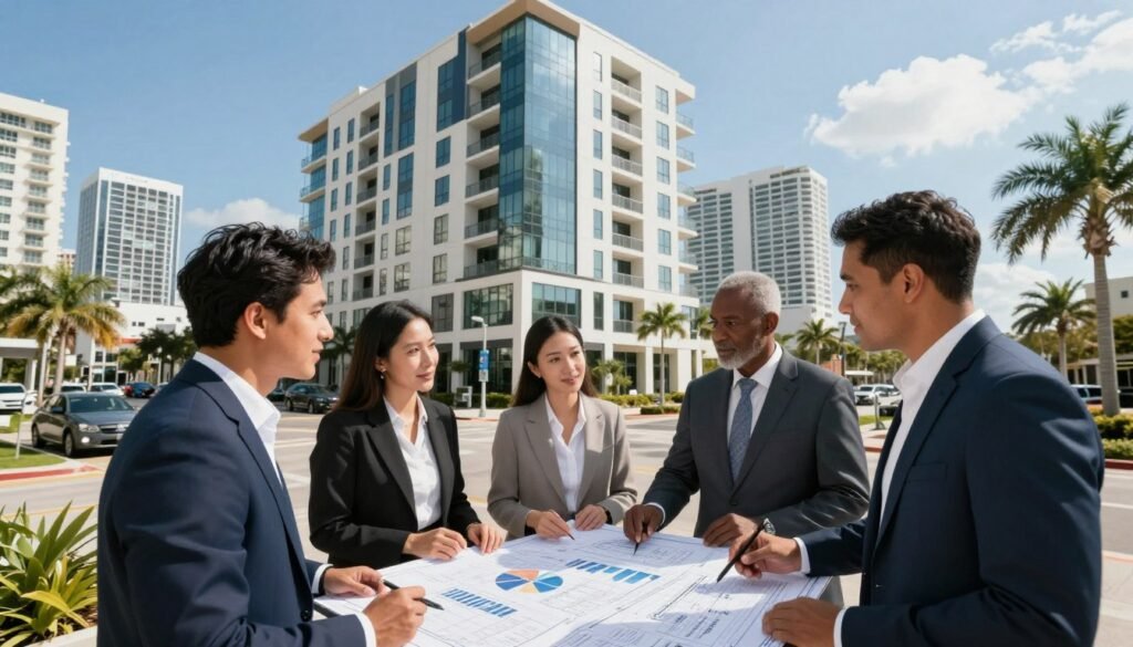 A busy urban landscape showcasing the multifamily financing market in Florida. In the foreground, diverse professionals in business attire discuss financial plans, surrounded by blueprints and charts, representing strategic collaborations. In the middle ground, a modern multifamily residential building is depicted with sleek architecture, reflecting the dynamic real estate market. The background features the vibrant Florida skyline, clear blue skies, and palm trees, symbolizing growth and opportunity. Include the Thorne CRE logo subtly in the background. Use natural sunlight to create a warm and optimistic atmosphere, elevating the mood of collaboration and innovation. The angle should be slightly elevated, capturing the essence of a thriving investment scene in the multifamily sector. A busy urban landscape showcasing the multifamily financing market in Florida. In the foreground, diverse professionals in business attire discuss financial plans, surrounded by blueprints and charts, representing strategic collaborations. In the middle ground, a modern multifamily residential building is depicted with sleek architecture, reflecting the dynamic real estate market. The background features the vibrant Florida skyline, clear blue skies, and palm trees, symbolizing growth and opportunity. Include the Thorne CRE logo subtly in the background. Use natural sunlight to create a warm and optimistic atmosphere, elevating the mood of collaboration and innovation. The angle should be slightly elevated, capturing the essence of a thriving investment scene in the multifamily sector.