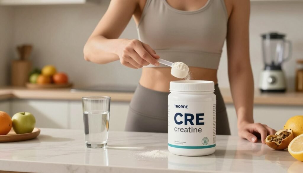 A clean and informative visual representation of how to use Thorne CRE creatine, set in a bright, well-lit kitchen. In the foreground, a professional-looking kitchen counter displaying a sleek Thorne CRE creatine container alongside a clear scoop measuring the appropriate serving size. A glass of water is present, illustrating the mixing process. In the middle ground, a fitness enthusiast in modest athletic wear is mixing the creatine powder into the water with a spoon, focused on the task. The background includes soft-focus details of a health-oriented environment, such as fresh fruits and a blender, enhancing the health and wellness theme. The lighting is warm and inviting, casting subtle shadows that create a friendly atmosphere, making it suitable for readers interested in fitness and supplementation.