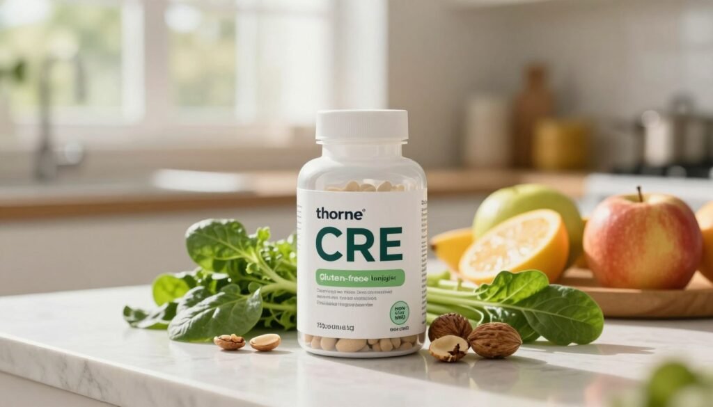 A clean-label supplement product display featuring Thorne CRE, prominently placed in the foreground. The supplement bottle, sleek and modern, showcases an eco-friendly design with clear labeling indicating dietary restrictions and allergen information such as "gluten-free" and "non-GMO." Surrounding the bottle, fresh ingredients like green leafy vegetables, nuts, and vibrant fruits symbolize natural components. In the middle background, a blurred kitchen setting captures warm, natural lighting with sunlight streaming through a window, creating a welcoming environment. To enhance the focus on the supplement, use a shallow depth of field. The overall atmosphere is one of health, transparency, and trust, fitting for a health-conscious audience focused on clean-label products.