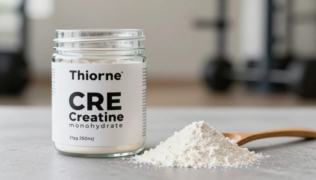 A clean, well-lit image featuring Thorne CRE creatine monohydrate powder prominently in the foreground, displayed in a clear glass container with a sleek design. The white powder is softly illuminated to highlight its texture and purity. In the middle ground, a wooden spoon rests beside the container, signaling its use. The background is softly blurred with hints of a gym setting, suggesting fitness and preparation, while maintaining a professional atmosphere. The lighting is bright yet soft, creating a warm and inviting mood. A subtle bokeh effect adds depth to the scene, emphasizing the product and creating an environment that conveys health and wellness. The composition is balanced, presenting the creatine powder as the focal point in a simple yet effective display.