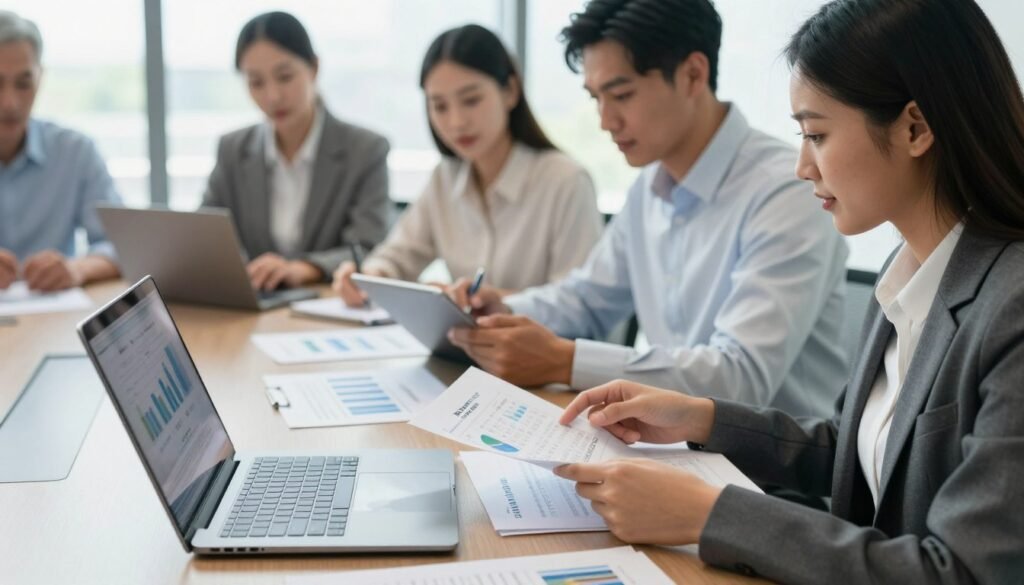 A close-up of a diverse group of professionals analyzing financial documents on a polished conference table, symbolizing underwriting risk. The foreground features a diverse woman in a business suit, scrutinizing numbers on a laptop screen, while a focused man in a crisp shirt takes notes on a tablet. In the middle, scattered documents with graphs and charts illustrate lending scenarios. The background showcases a modern office with large windows, allowing natural light to flood in, creating a bright and optimistic atmosphere. The mood conveys urgency and professionalism, highlighting the importance of meticulous assessment in underwriting. The brand name "Thorne CRE" subtly appears on one of the documents. The image should have a soft focus effect to highlight the professionals and maintain a clean, engaging look.