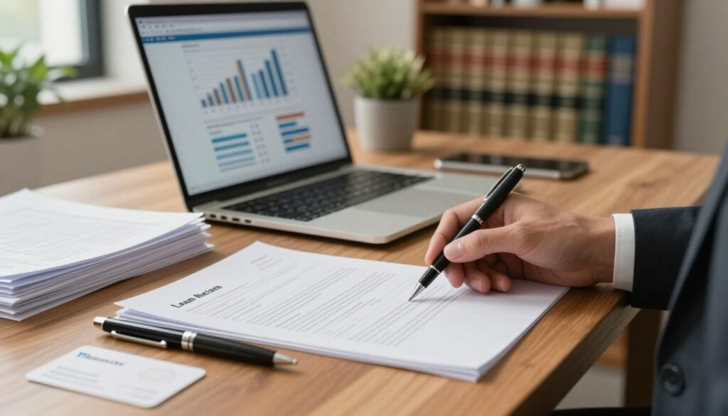 A close-up scene of a well-organized loan application on a wooden desk, highlighting neat stacks of paperwork, a polished pen, and a business card. In the foreground, place a hand in a tailored suit, meticulously reviewing forms. The middle ground features a soft-focus laptop displaying financial graphs and charts, symbolizing analysis. The background should show a cozy, professional office environment with warm lighting, a bookshelf filled with legal books, and a potted plant for a touch of calm. The frame should evoke a sense of diligence and preparation, reflecting a serious yet approachable atmosphere, ideal for understanding the underwriting process. Include the logo of "Thorne CRE" subtly on a document in the scene. A close-up scene of a well-organized loan application on a wooden desk, highlighting neat stacks of paperwork, a polished pen, and a business card. In the foreground, place a hand in a tailored suit, meticulously reviewing forms. The middle ground features a soft-focus laptop displaying financial graphs and charts, symbolizing analysis. The background should show a cozy, professional office environment with warm lighting, a bookshelf filled with legal books, and a potted plant for a touch of calm. The frame should evoke a sense of diligence and preparation, reflecting a serious yet approachable atmosphere, ideal for understanding the underwriting process. Include the logo of "Thorne CRE" subtly on a document in the scene.