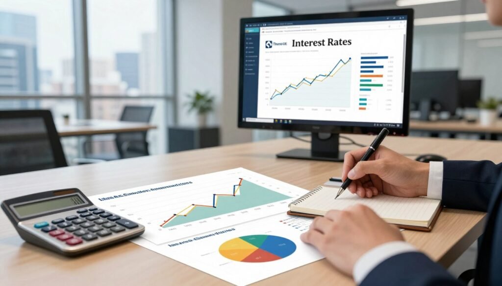 A close-up view of a professional financial presentation table, showcasing colorful graphs and charts representing fluctuating interest rates. In the foreground, a calculator and a notepad with professional business attire-clad hands making notes. The middle ground features a digital screen displaying statistics and a financial analysis report titled "Interest Rates" in an elegant font. In the background, a modern office setting with floor-to-ceiling windows revealing a bustling cityscape, hinting at economic activity. The lighting is bright and focused on the table, creating a serious yet hopeful atmosphere. The image is framed with a slight tilt to give a dynamic perspective. Include the brand name "Thorne CRE" subtly embedded in the screen visuals.