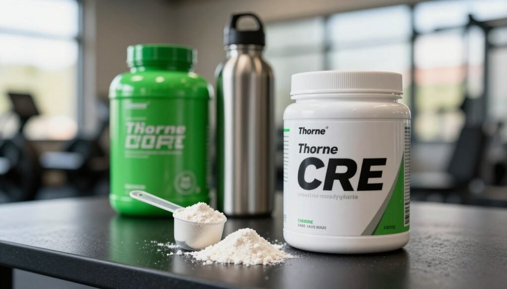 A close-up view of a white container labeled "Thorne CRE" filled with creatine monohydrate powder, set on a sleek black countertop. The foreground features a small scoop next to the container, with a clear focus on the fine white powder spilling slightly from the scoop. In the middle ground, there are vibrant green sports supplements and a shiny stainless steel water bottle, conveying energy and performance. The background displays a softly blurred gym environment with weights and exercise equipment, illuminated by warm, natural light streaming through a large window. The atmosphere is dynamic and motivational, emphasizing fitness and health, perfectly reflecting the themes of performance, energy, and lean muscle mass.