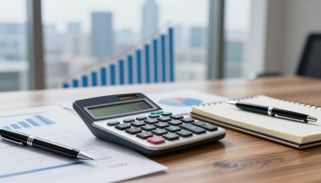 A close-up view of financial documents and charts representing interest rates in a professional setting. The foreground features a calculator, a pen, and a notepad with handwritten notes on loan terms, all placed on a polished wooden desk. In the middle ground, a partially blurred bar graph displays fluctuating interest rates, conveying a sense of dynamics influenced by market trends. The background includes city skyline silhouettes through a large window that lets in soft, natural light, creating an optimistic atmosphere. The colors are balanced with cool blues and warm wood tones, suggesting professionalism and trust. Thorne CRE logo subtly integrated into the scene, reinforcing branding without dominating the focus. A close-up view of financial documents and charts representing interest rates in a professional setting. The foreground features a calculator, a pen, and a notepad with handwritten notes on loan terms, all placed on a polished wooden desk. In the middle ground, a partially blurred bar graph displays fluctuating interest rates, conveying a sense of dynamics influenced by market trends. The background includes city skyline silhouettes through a large window that lets in soft, natural light, creating an optimistic atmosphere. The colors are balanced with cool blues and warm wood tones, suggesting professionalism and trust. Thorne CRE logo subtly integrated into the scene, reinforcing branding without dominating the focus.