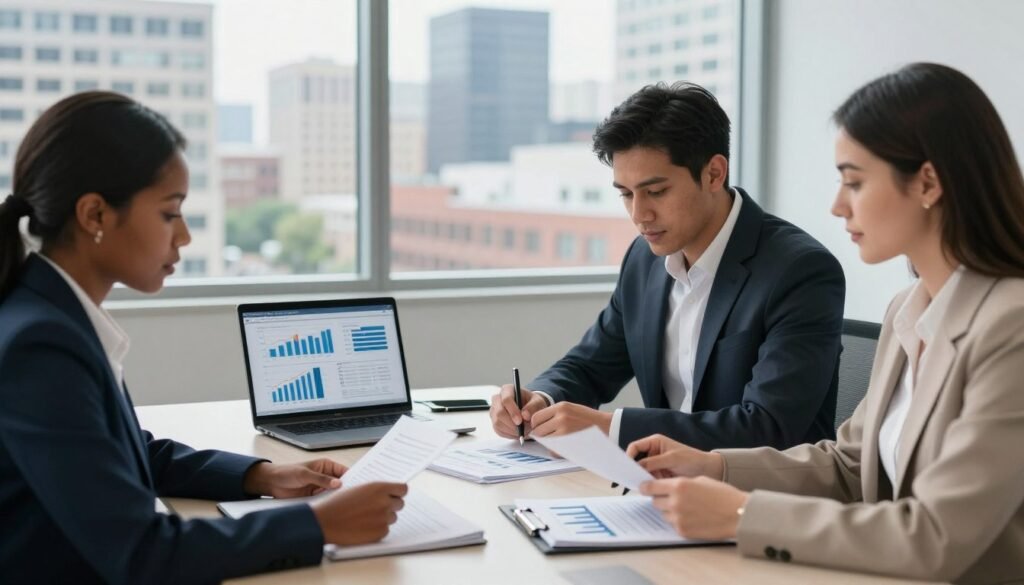 A commercial real estate loan process scene set in a modern office environment. In the foreground, a diverse group of three business professionals—a Black woman, a Hispanic man, and a Caucasian woman—sitting around a sleek conference table, reviewing documents and discussing figures. The middle layer features a contemporary laptop displaying financial graphs and charts, alongside a stack of papers. The background shows a large window with a view of a bustling cityscape in Michigan, hinting at urban development. Soft natural lighting filters in, creating an inviting atmosphere. The professionals are dressed in smart business attire, exuding a sense of confidence and collaboration. The angle captures a dynamic perspective that emphasizes teamwork and the meticulous nature of the loan process. A commercial real estate loan process scene set in a modern office environment. In the foreground, a diverse group of three business professionals—a Black woman, a Hispanic man, and a Caucasian woman—sitting around a sleek conference table, reviewing documents and discussing figures. The middle layer features a contemporary laptop displaying financial graphs and charts, alongside a stack of papers. The background shows a large window with a view of a bustling cityscape in Michigan, hinting at urban development. Soft natural lighting filters in, creating an inviting atmosphere. The professionals are dressed in smart business attire, exuding a sense of confidence and collaboration. The angle captures a dynamic perspective that emphasizes teamwork and the meticulous nature of the loan process.