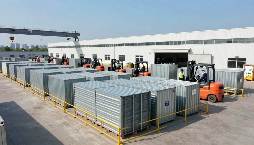 A comprehensive industrial outdoor storage facility, showcasing rows of heavy-duty metal containers and large machinery in a well-organized space. In the foreground, a set of industrial pallets stacked high, with safety barriers clearly defined. The middle ground features forklifts maneuvering and workers in professional business attire, engaged in operations with visible concentration. The background reveals a sprawling warehouse structure under a clear blue sky, with overhead cranes and a distant city skyline. The lighting is bright and natural, casting soft shadows to convey a sense of industrious activity. The atmosphere is functional yet dynamic, emphasizing efficiency and modern business operations. Include the brand name "Thorne CRE" in a subtle manner within the scene.