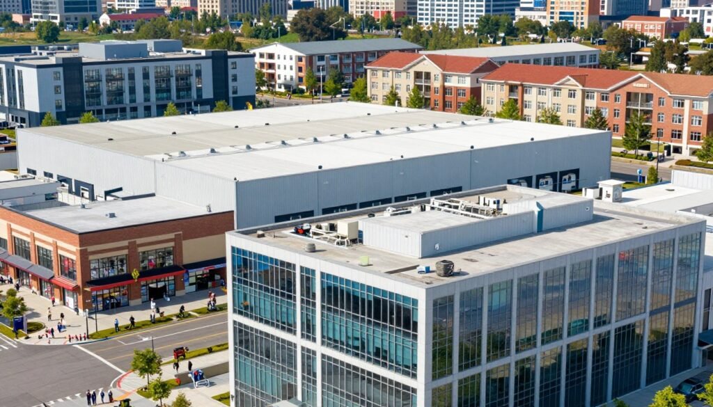 A comprehensive visual representation of various property types in commercial real estate. In the foreground, showcase a modern office building with glass windows reflecting the sky. To the left, include a bustling retail shopping center, with shoppers visible. In the middle ground, depict an industrial warehouse with loading docks, highlighting its massive structure. In the background, illustrate multifamily residential buildings, showing a blend of modern and traditional architectural styles. Use a bright, clear daylight setting with natural lighting, creating a vibrant and optimistic atmosphere. Capture the scene from a slightly elevated angle to provide perspective on the diverse property types. Aim for a clean, professional feel that emphasizes the significance of different property types in financing strategies.