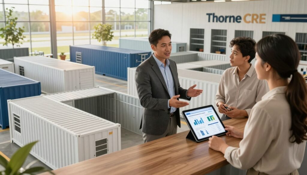 A comprehensive visualization of various self-storage financing options for equity cash-out refinances. In the foreground, display a well-lit, modern self-storage facility showcasing different storage unit types, including both exterior container styles and accessible indoor units. The middle ground features a professional consultant in business attire, engaged in a discussion with a couple, gesturing towards a digital tablet displaying financial charts and options. In the background, warm natural lighting filters through large windows, highlighting more storage units and greenery to create a welcoming atmosphere. Capture the image from a slightly elevated angle to provide a clear overview, emphasizing professionalism and accessibility. Incorporate the brand name "Thorne CRE" as part of the architectural signage on the storage building.