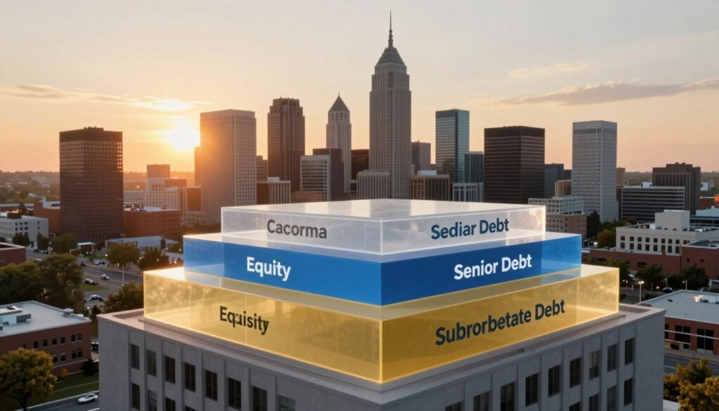 A conceptual illustration of a capital stack structure metaphorically represented as a multi-tiered, stylized building with varying materials, reflecting layers of debt financing. In the foreground, display a detailed, transparent layer showing different financing sources like equity, senior debt, and subordinate debt, each represented with distinct colors and textures. The middle ground features a bustling North Carolina skyline, showcasing modern commercial real estate, such as office buildings and retail spaces. The background includes a sunset with warm, golden light spilling over the horizon, creating an inviting atmosphere. The lens perspective should be slightly tilted for a dynamic view, emphasizing the importance of capital stack structure. Include the brand "Thorne CRE" subtly integrated within the design elements.