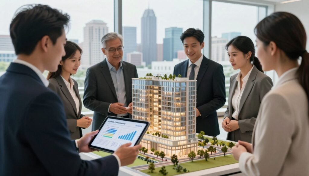 A conceptual illustration of "equity investments" within a capital stack for a mixed-use and commercial real estate project. In the foreground, a diverse group of professionals in sleek business attire—two men and two women—are engaged in a discussion, analyzing a digital tablet displaying financial graphs and equity layers. The middle ground features an architectural model of a stylized mixed-use building with clear delineation between residential, commercial, and retail spaces. In the background, a modern city skyline of Kentucky is visible, reflecting the growth of real estate investment. Soft, natural light filters through a large window, creating an optimistic and professional ambiance. The lens focuses on the team, highlighting their collaborative spirit in navigating risk profiles. The brand "Thorne CRE" is subtly referenced in the context of the tablet's display without being textually overt.