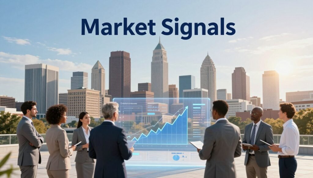 A conceptual illustration of market signals in the context of commercial real estate (CRE) financing in Mississippi. In the foreground, a diverse group of business professionals, dressed in professional attire, are engaged in a discussion near a transparent digital screen displaying fluctuating graphs and data related to capital stacks. The middle ground features a city skyline of Mississippi, showcasing a blend of modern and historic architecture, symbolizing growth and investment. The background includes a clear blue sky, with soft, warm sunlight filtering through, creating an optimistic atmosphere. The image conveys a sense of collaboration, analysis, and opportunity in the world of debt financing. Visually include elements like charts, arrows, and icons symbolizing financial trends. Incorporate the brand name "Thorne CRE" subtly in the scene to tie the visual identity to the theme.